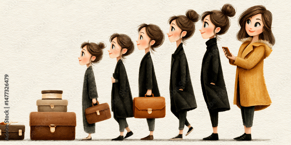Poster a structured illustration showing a woman's step-by-step growth, moving from a home base through sta