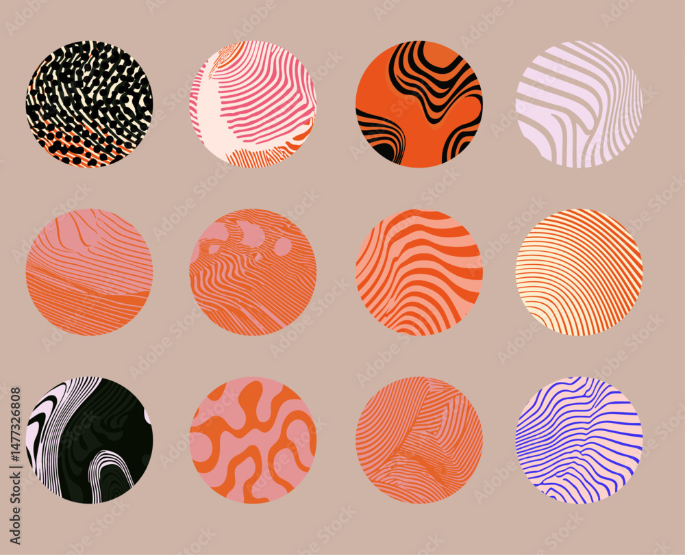 Poster Set of vector illustrations featuring abstract circles with wavy, striped and fluid patterns. The design uses modern, psychedelic and retro Y2K-inspired style with bold, contrasting colors.