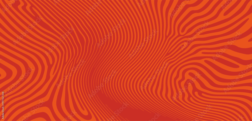 Poster Abstract vector illustration with wavy, curved orange lines on a red background. The dynamic pattern creates a sense of movement, ideal for modern backdrops, posters, or digital designs.