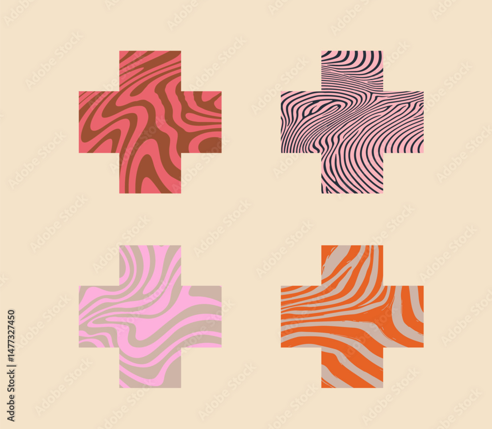 Poster vector crosses feature vibrant, fluid abstract patterns in orange and pink tones. the style is moder