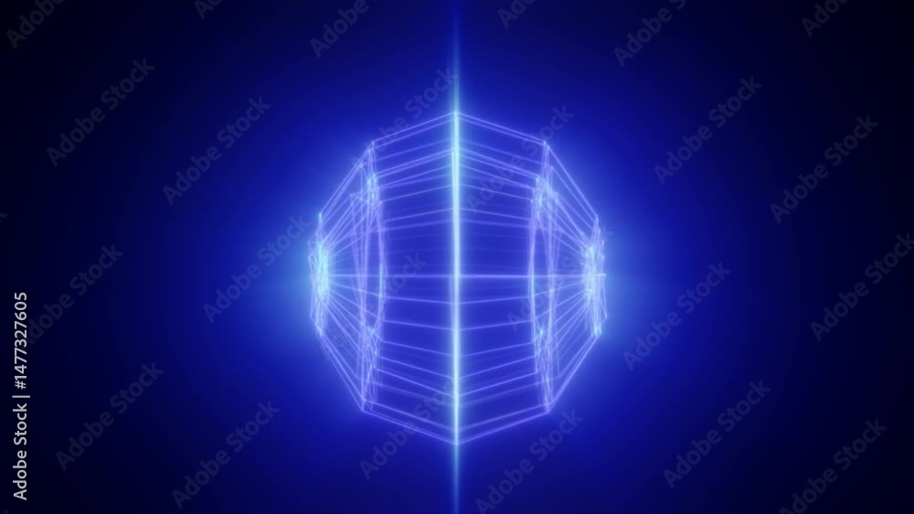 Poster glowing blue digital sphere with luminous thread lines and sharp starburst effects