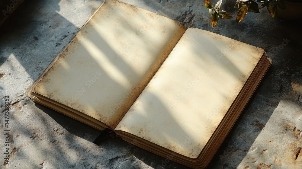 Aufkleber shadowed blank spread - open notebook casting dramatic shadows across the blank pages from angled na