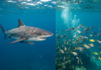 Naklejka premium Shark and fish underwater scene
