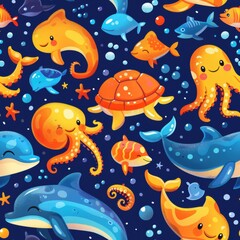 Obraz premium seamless pattern of cute cartoon fish, jellyfish, starfish, and sea plants, bright pastel colors, underwater world theme