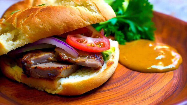 Close-up of Egyptian liver sandwich with onions and tahini on rustic plate, blurred market scene behind adds authentic street food vibe