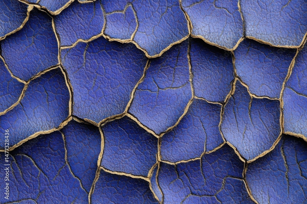 Poster close-up of blue leather tile texture with golden cracks abstract background macro view pattern