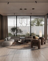 Large luxury modern bright interiors Living room mockup illustration 3D rendering image