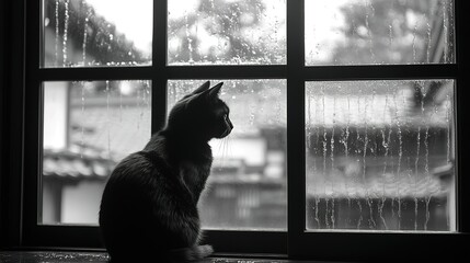 Black cat by window on rainy day