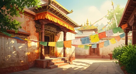 Naklejka premium Temple with Prayer Flags in Sunny Courtyard