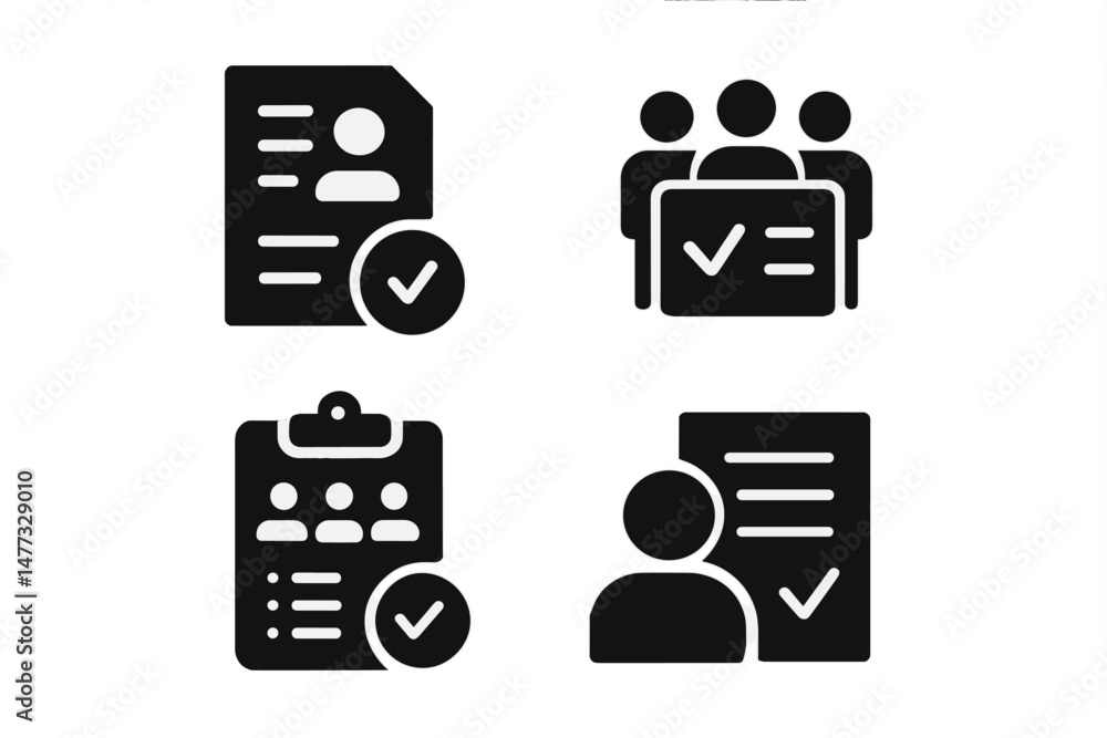 Poster vector icons representing document verification, group approval, checklist completion, and individua
