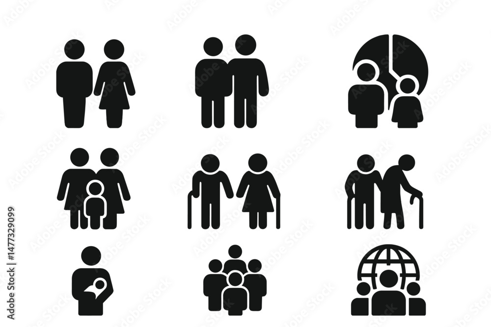 Poster vector icon collection of various human figures representing relationships and activities across dif