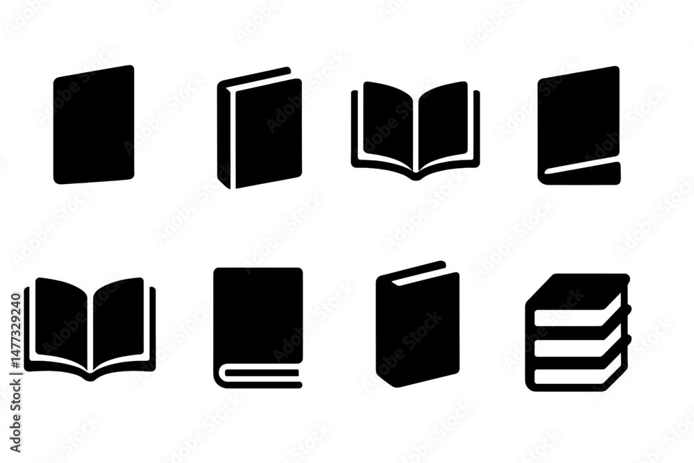 Poster collection of simple vector icons depicting various book types and designs suitable for educational 