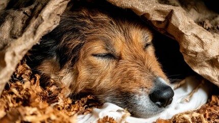 Dog sleeping under paper