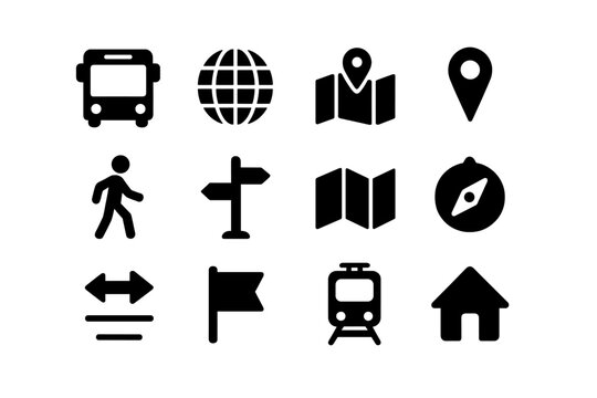 Vector icon set featuring transportation symbols, navigation tools, and maps for urban exploration and travel planning