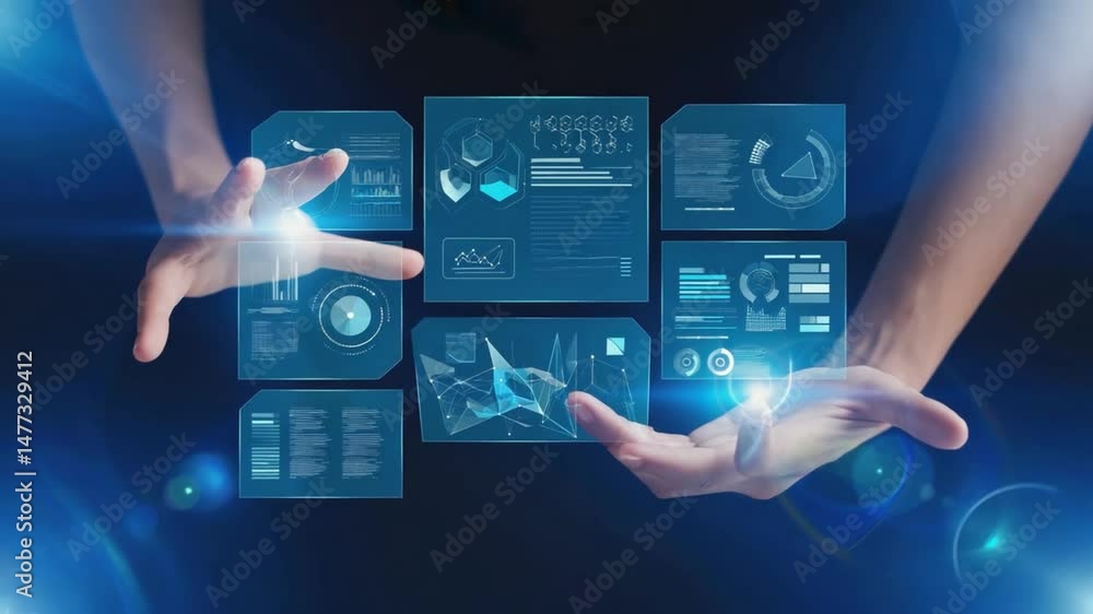Poster hands interacting with digital interface displays.