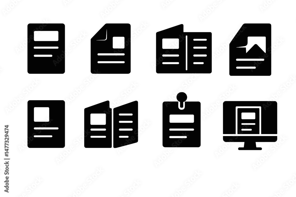 Poster vector icon set showcasing various document types and formats for digital design presentation