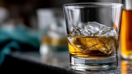 Close-up of whiskey glass with ice