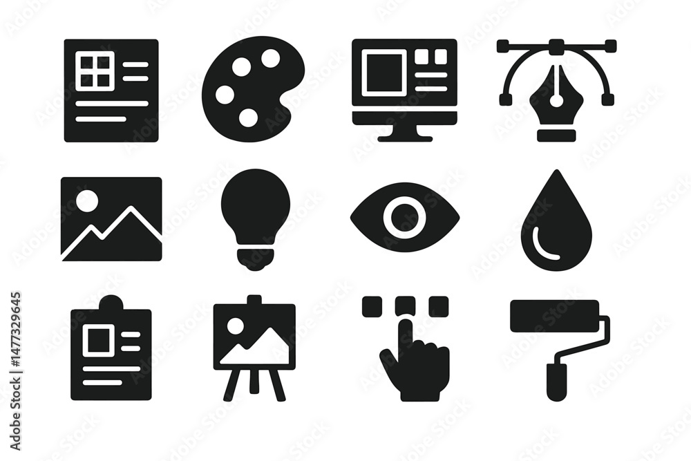 Poster vector icons illustrating creative tools for design and digital art in a modern workspace environmen