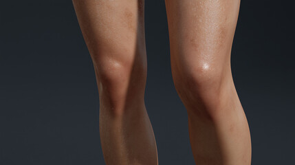 Fototapeta premium Young woman with cracked, uneven legs on a grey background.