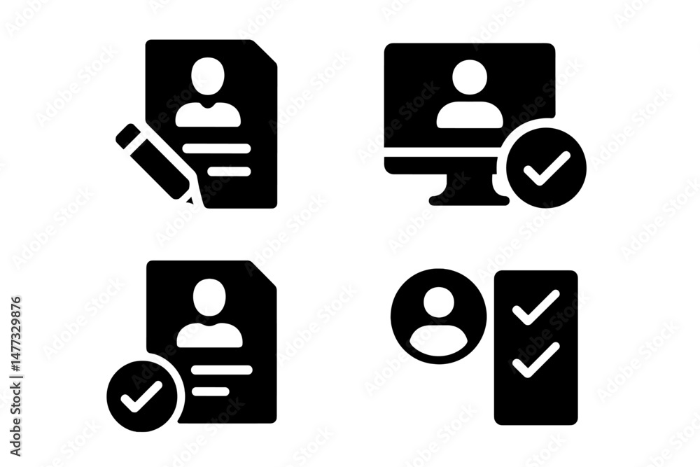 Poster icons depicting various stages of user profile management in a digital environment including editing