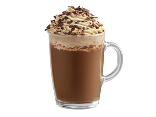 a glass cup of chocolate drink with whipped cream and sprinkles