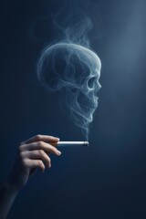 Obraz premium Hand holding a burning cigarette with smoke forming a skull on dark blue background. Smoking, tobacco, health hazard, addiction, anti-smoking concept. Image with copy space