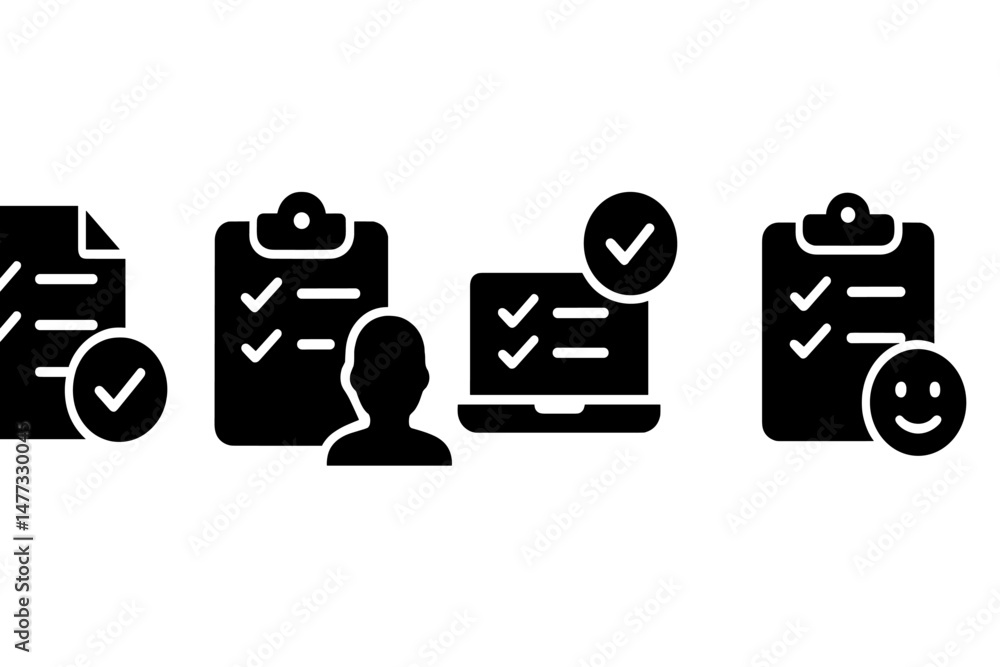 Poster vector icon set representing task management, user profiles, and completed activities in a minimalis