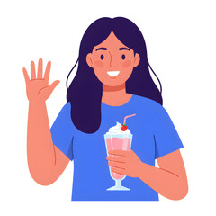 笑顔の女性がストロベリーシェイクを優しく持ち、爽やかに手を振るイラスト