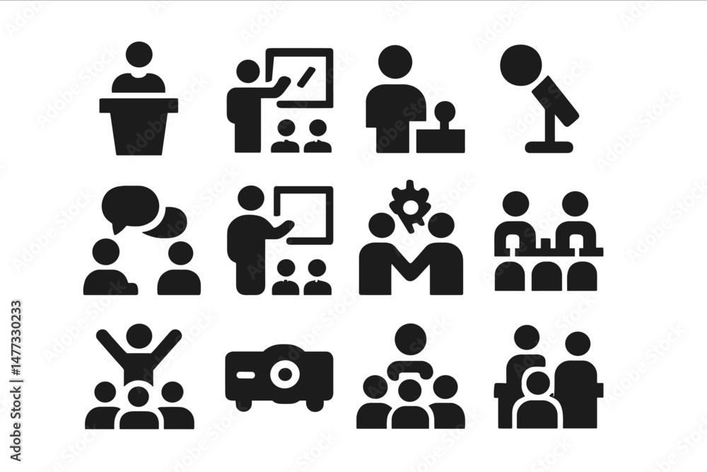 Poster collection of vector icons representing various activities related to conferences and presentations 