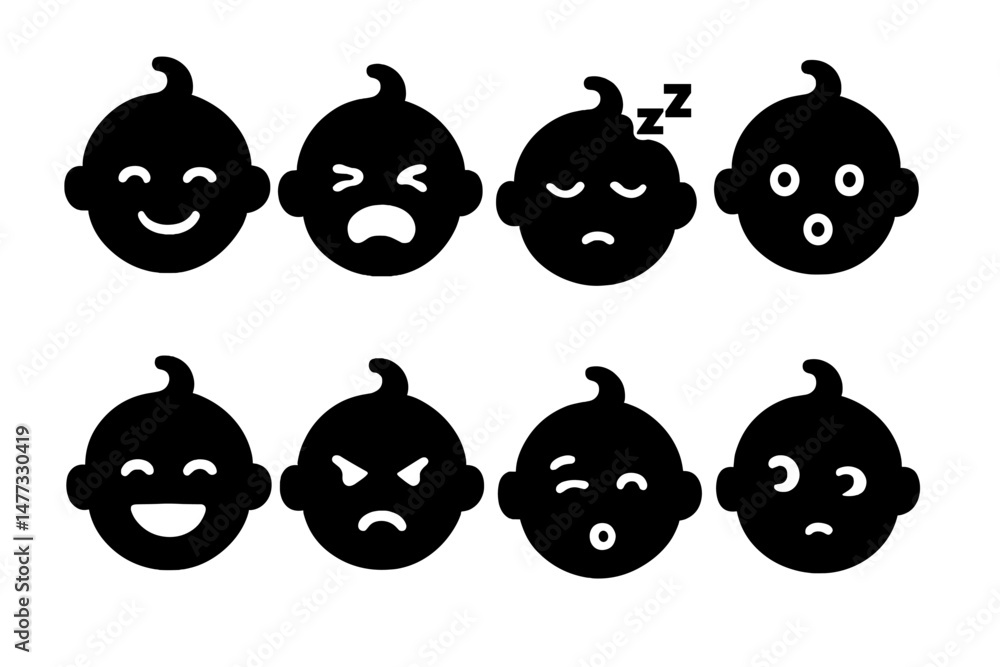 Poster vector icons representing various baby emotions in a simple and clear design for use in children's m