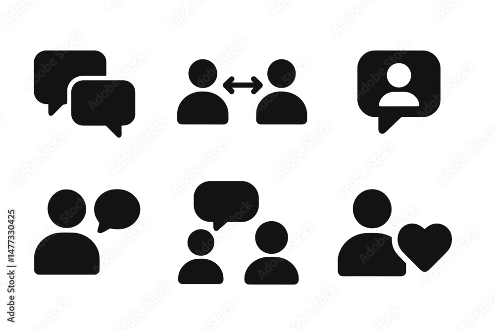 Poster vector icons depicting various communication and interaction concepts with speech bubbles and figure