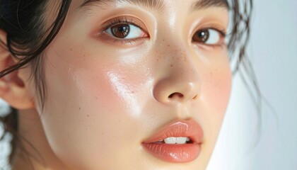 日本人, 超リアル, 美しい, 若い女性, 顔, クローズアップ, 欠点のない肌, 輝く肌質, ナチュラルメイク, 柔らかなライティング, 美容CM風, シネマティック, カメラ目線, 高解像度,Japanese, ultra-realistic, beautiful, young woman, face, close-up, flawless skin, glowing complexion
