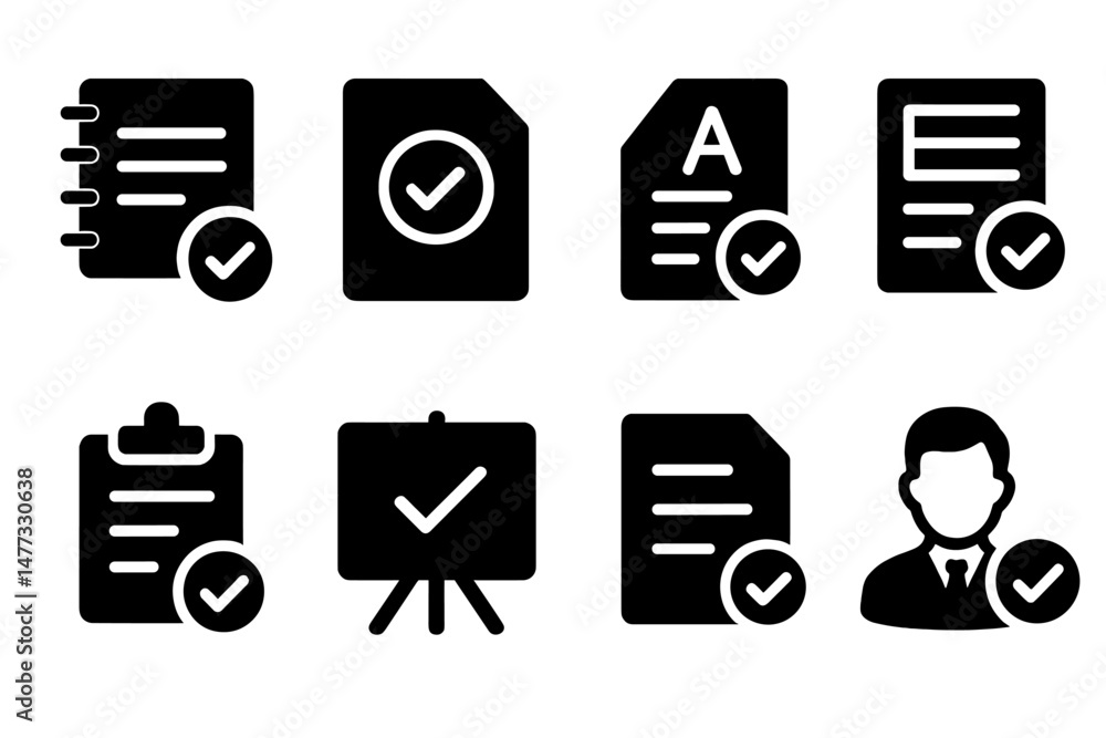 Poster vector icons representing various documents and tasks in a minimalistic style emphasizing validation