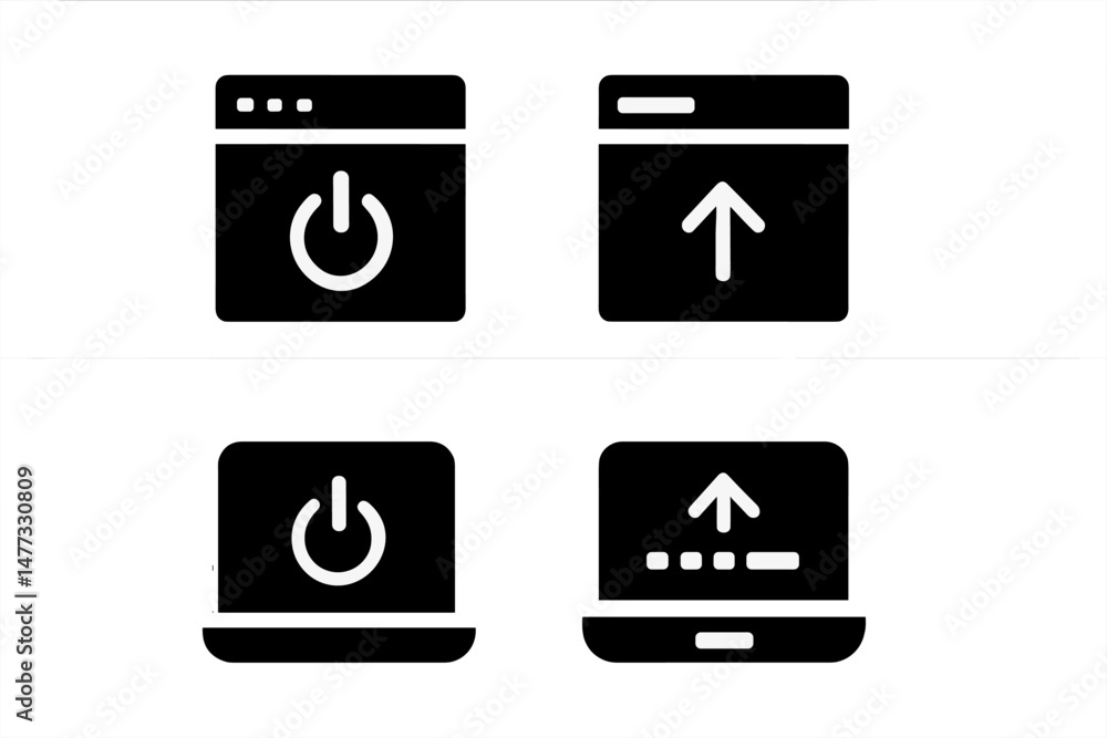 Poster vector icons illustrating power and upload functions for digital applications and devices in a minim