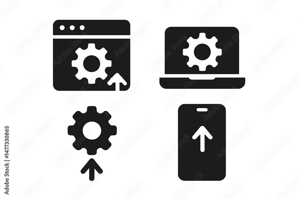 Poster icons representing upload processes for web, computer, and mobile devices in a modern digital contex