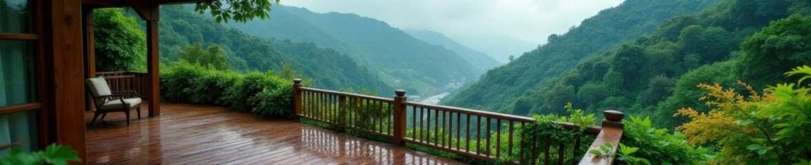 Fototapeta premium Wooden terrace overlooks vibrant rain-drenched hillside, photo, sky