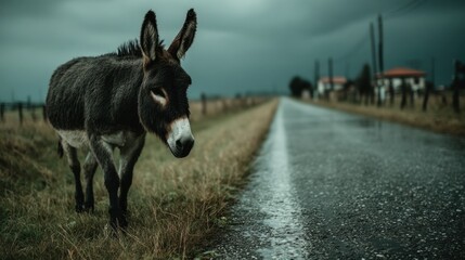 Donkey on rural road