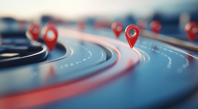 Red location markers trace a curved route on a dark, metallic surface