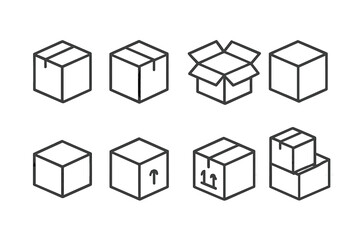 Vector icon set showcasing various styles and perspectives of boxes and packages for graphic design and illustration