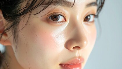 日本人, 超リアル, 美しい, 若い女性, 顔, クローズアップ, 欠点のない肌, 輝く肌質, ナチュラルメイク, 柔らかなライティング, 美容CM風, シネマティック, カメラ目線, 高解像度,Japanese, ultra-realistic, beautiful, young woman, face, close-up, flawless skin, glowing complexion