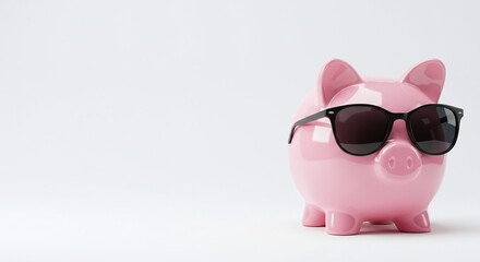 Piggy Bank with Sunglasses on Right with Left Copy Space. 8K Desktop Wallpaper. Generative AI