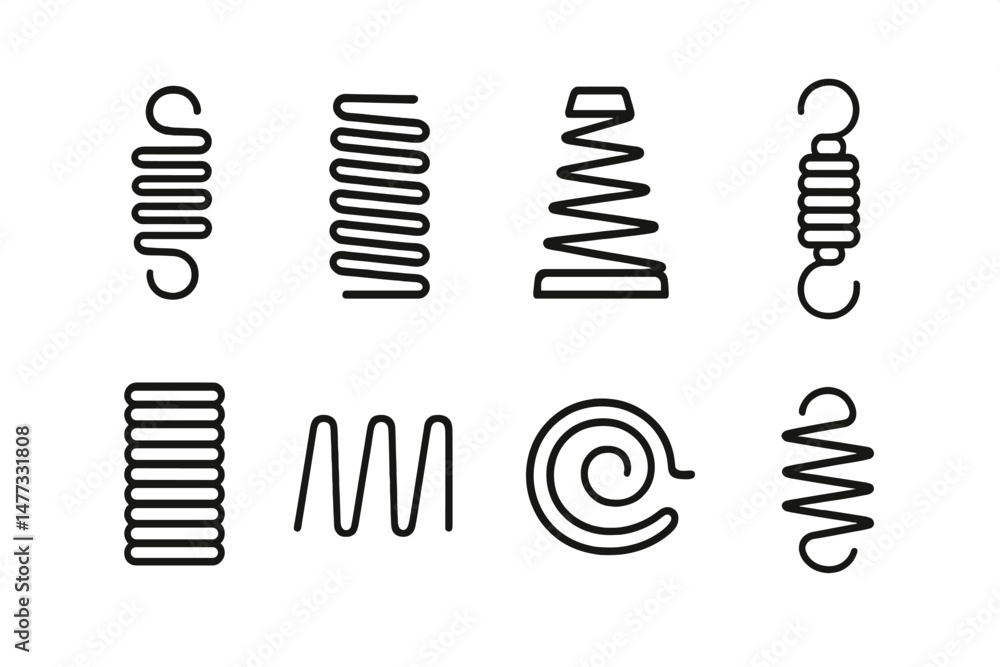 Poster collection of simple vector icons representing various types of springs in different shapes and styl