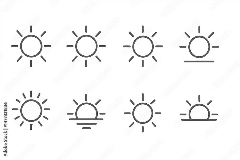 Poster variety of simple vector icons illustrating different sun designs for use in various projects and ap
