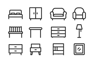 Collection of vector icons depicting various furniture pieces for home interiors and decor in a minimalistic style