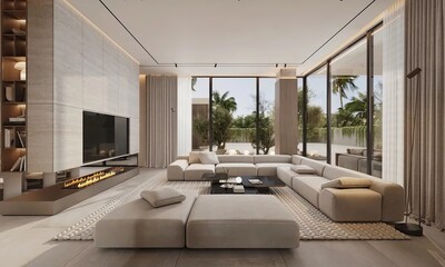 Interior of modern kitchen and living room with large windows. Doppelte Lichthalle. Luxury contemporary space