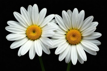 Obraz premium Two pristine white daisies, delicate petals, black backdrop , wallpaper, macro photography, innocence