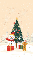 Obraz premium Christmas Festive Scene with Snowman and Gingerbread Man