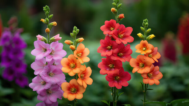 Colorful linaria flowers in full bloom stand tall in a vibrant garden, showcasing their delicate petals and unique shapes against a soft, blurred background.