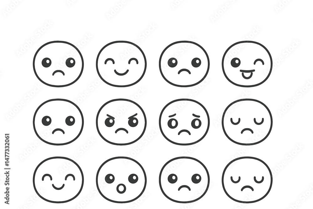 Poster collection of vector emoticons expressing various emotions and feelings in a simple design