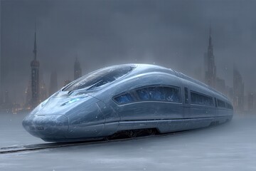 Obraz premium Advanced futuristic train design traversing a snowy landscape with a modern skyline in the background showcasing technological innovation and architectural brilliance